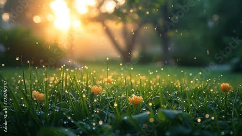 A serene Easter morning scene with a dew-covered garden, perfect for a peacef...