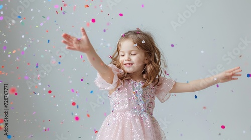 exuberance of a little girl in a pink dress catching confetti, smiling happily on a white background.