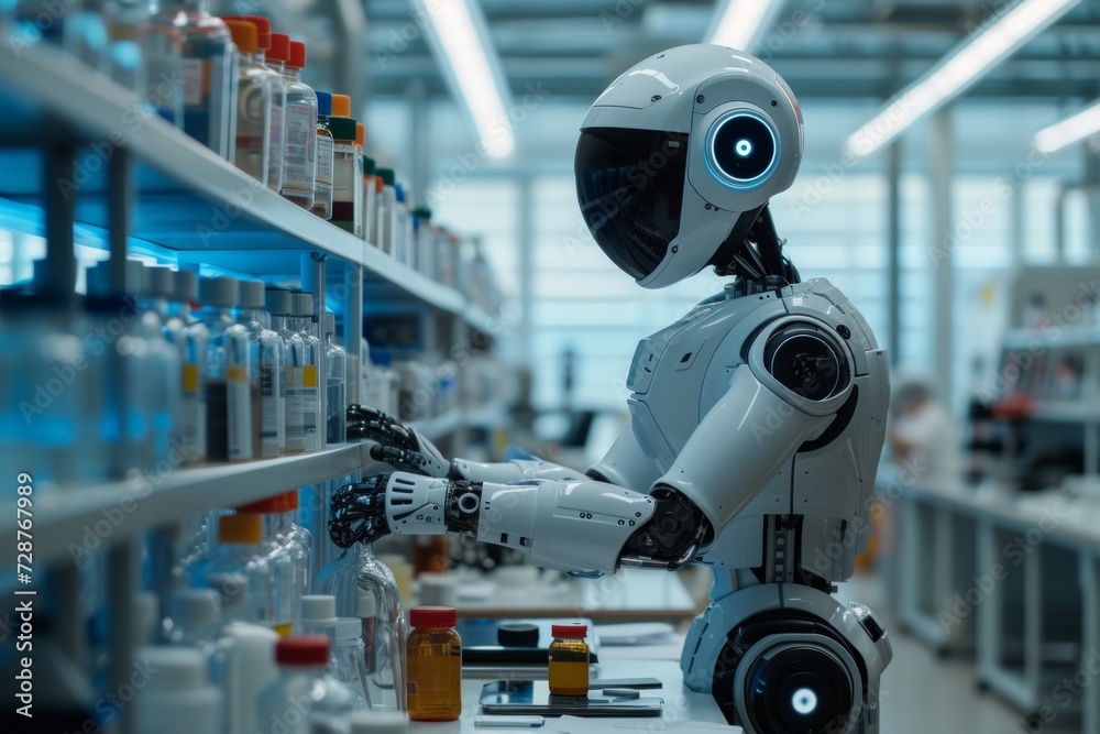 A robotic assistant aiding a scientist in a high-tech laboratory, advancing research and discovery A robotic assistant aiding a scientist in a high-tech laboratory, advancing research and discovery