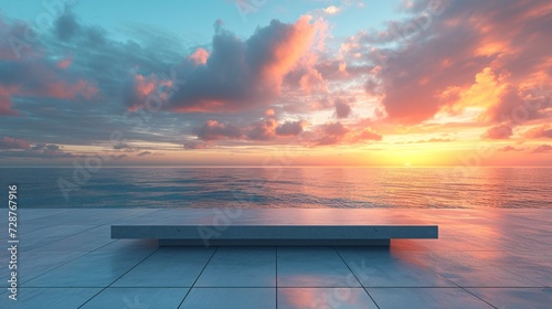 A simple, unadorned podium contrasting with a picturesque coastal sunset