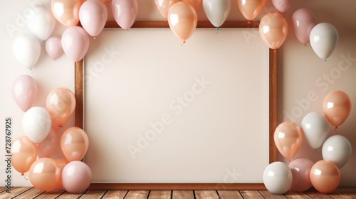 A serene celebration setup with a wooden frame and clusters of delicate, past...