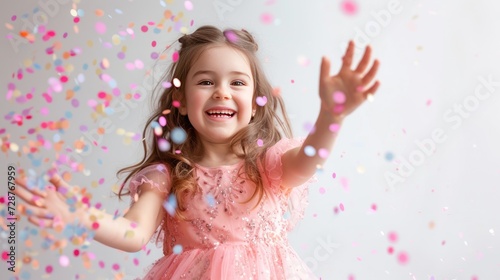 exuberance of a little girl in a pink dress catching confetti, smiling happily on a white background.