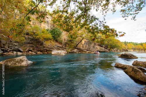 Transparent waters of Kopru River (Köprüçay, ancient Eurymedon) with its emerald green colour in Koprulu Canyon (Köprülü Kanyon) National Park, Antalya, Turkey. It's a rafting paradise