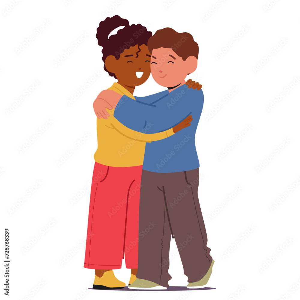Two Kids In A Heartwarming Embrace, White Boy And Black Girl, Share A Joyful Hug, Radiating Innocence And Friendship