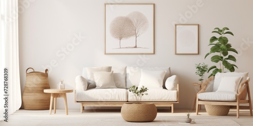 Cozy living room interior with mock-up poster frame, boucle sofa, round coffee table, white rack, beige wall, pitcher, wooden stool, and personal accessories.