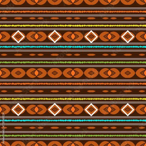 Horizontally oriented seamless pattern with ethnic ornament in brown tones with wavy multi-colored stripes and white rhombuses. Vector illustration