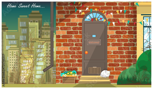 Porch of a small brick cottage with flowers and a white cat on the steps. Skyscrapers of the megalopolis are visible in the background. The inscription at the top right is Home, sweet home. Vector