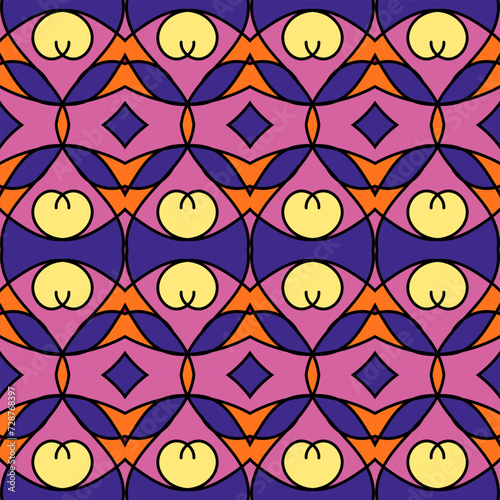 Seamless pattern with ethnic ornament in lilac-violet tones. Imitation of a stained-glass window. Vector illustration