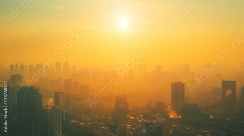 Urban Blaze: A City Awash in Golden Light, Its Skyscrapers Veiled by the Shimmering Heat Haze of the Blazing Sun