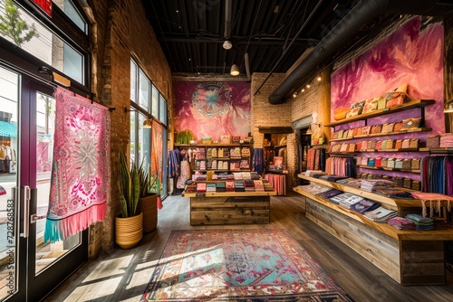 Trendy boutique interior with colorful textiles, fashionable clothes, and bohemian decor, inviting a chic shopping experience.