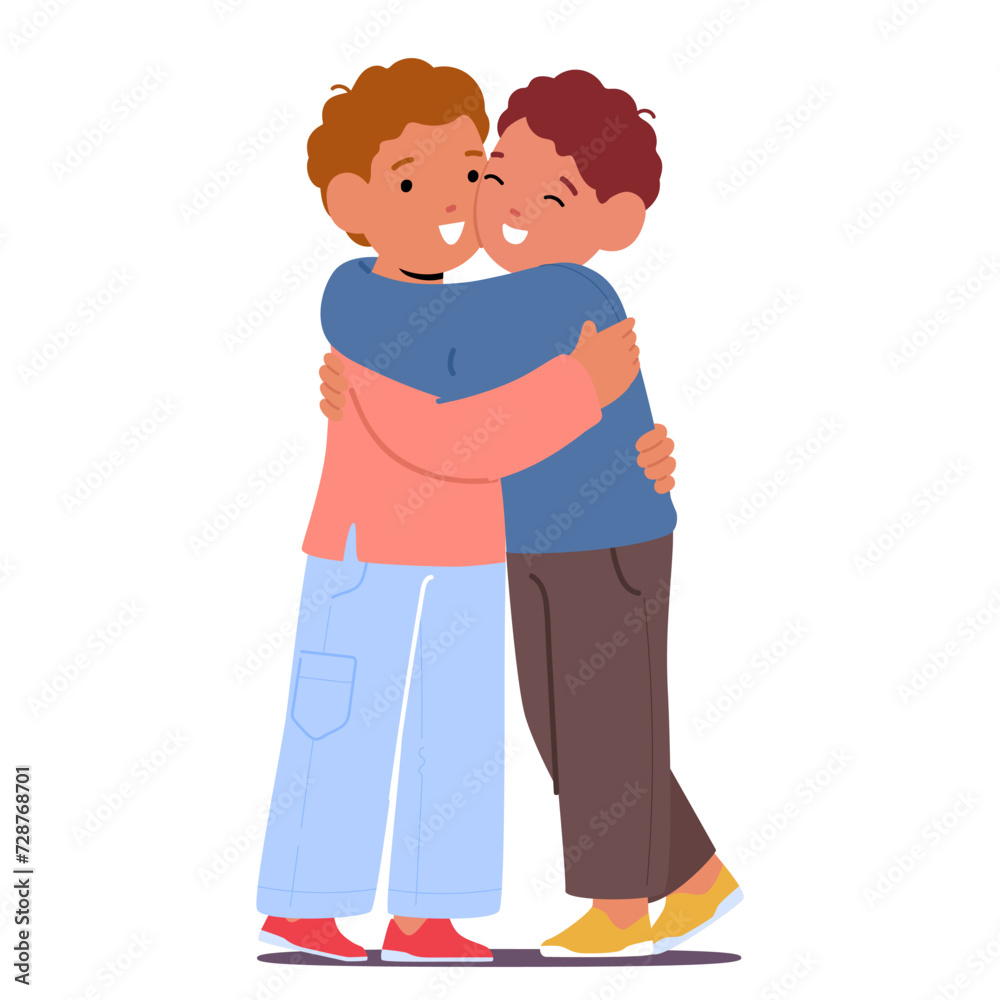 Two Young Pals Share Heartfelt Hug, In A Warm Embrace. Boys Characters Radiating Joy And Friendship, Vector Illustration