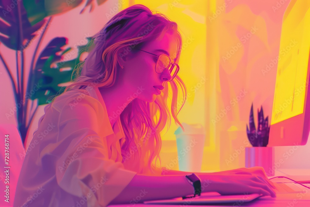 Girl freelancer works on a laptop. Conceptual realistic image