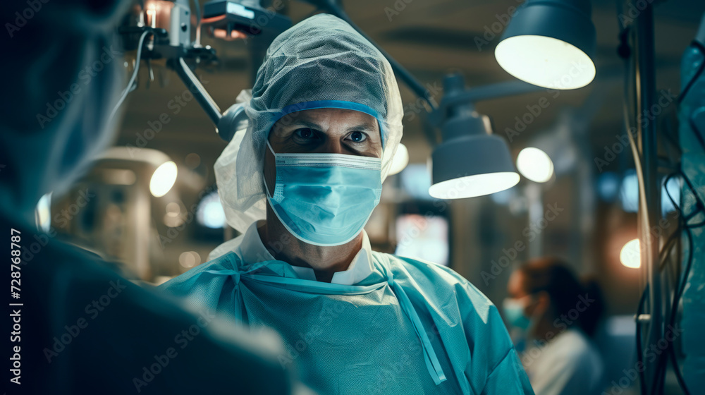 A man wearing a surgical mask and gown. Typical attire of medical professionals, emphasizing dedication to a sterile environment and patient health. Expresses uniformity A man wearing a surgical mask and gown. Typical attire of medical professionals, emphasizing dedication to a sterile environment and patient health. Expresses uniformity