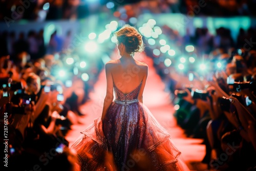Woman in an elegant gown walking down the runway amidst flashes from the crowd at a high fashion event.