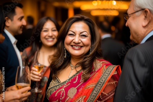 A cheerful mature Indian woman in a traditional sari smiling at a festive celebration with family and friends. photo