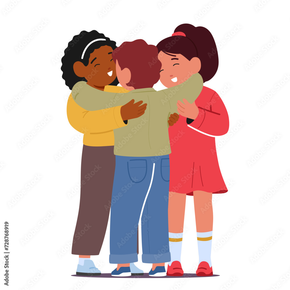 Three Inseparable Kids Embrace In Heartwarming Hug. Their Laughter Echoing, Bonds Of Friendship Woven In Innocence Three Inseparable Kids Embrace In Heartwarming Hug. Their Laughter Echoing, Bonds Of Friendship Woven In Innocence