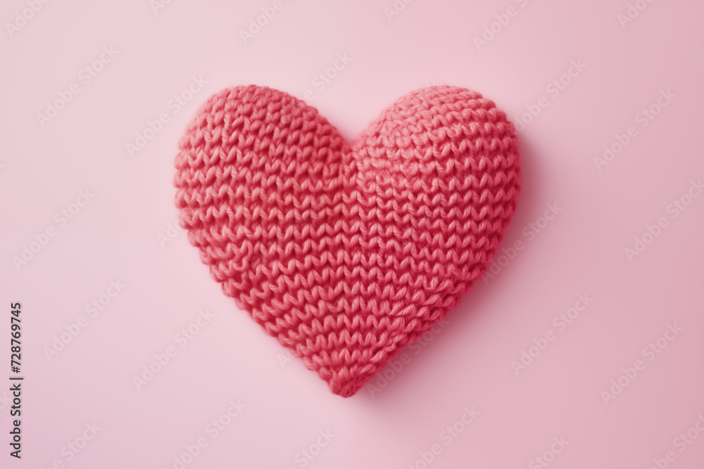 Top view of a red knitted heart on pink background. Symbol of love