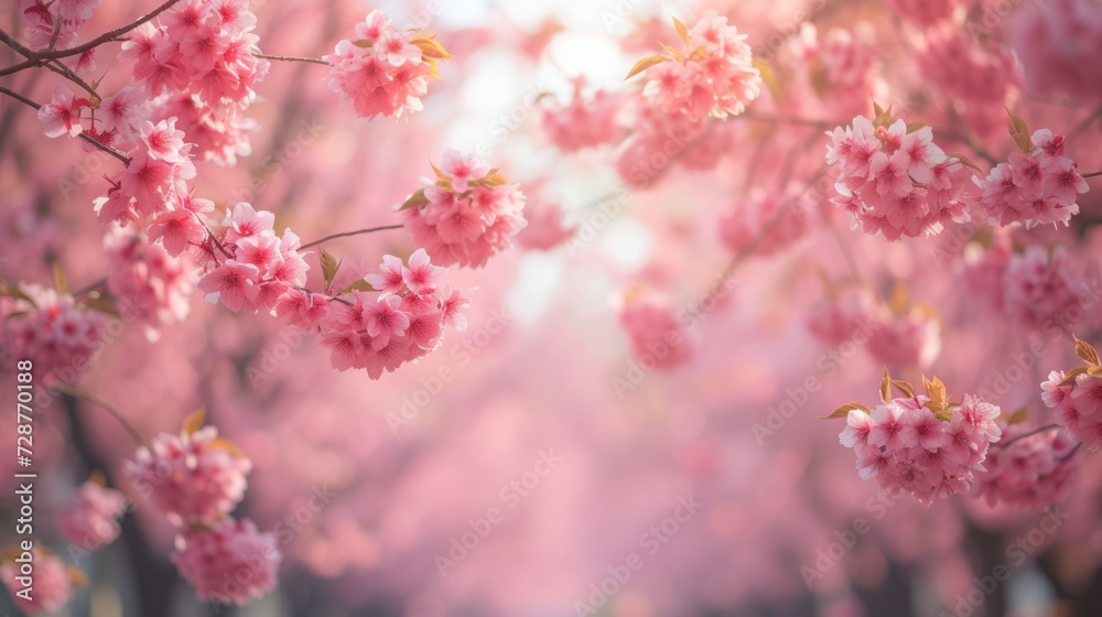 Cherry blossoms in full bloom, creating a pink and white canopy in a park