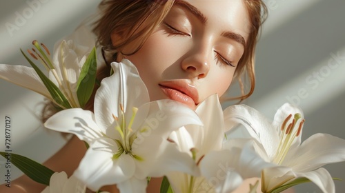 The beauty of a woman accentuated by a bouquet of lilies, their fragrance fil...