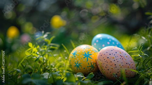 Vibrant Easter eggs hidden in a lush garden, ready for a festive hunt