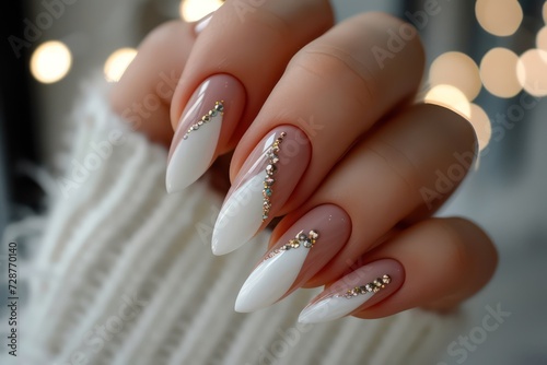 Beautiful painted nails close-up. Fashionable nail extensions with French design