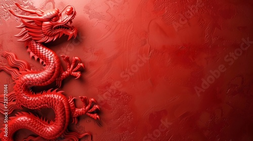 Beautiful red minimalistic background with Chinese red dragon on the left