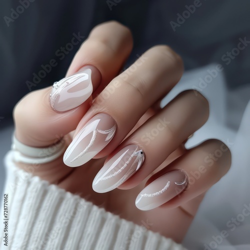 Beautiful painted nails close-up. Fashionable nail extensions with French design