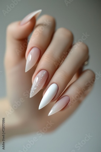 Beautiful painted nails close-up. Fashionable nail extensions with French design