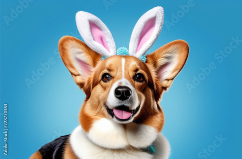 Cute corgi dog wears bunny ears, Easter bunny, on a blue background. Spring Easter banner © Ekaterina