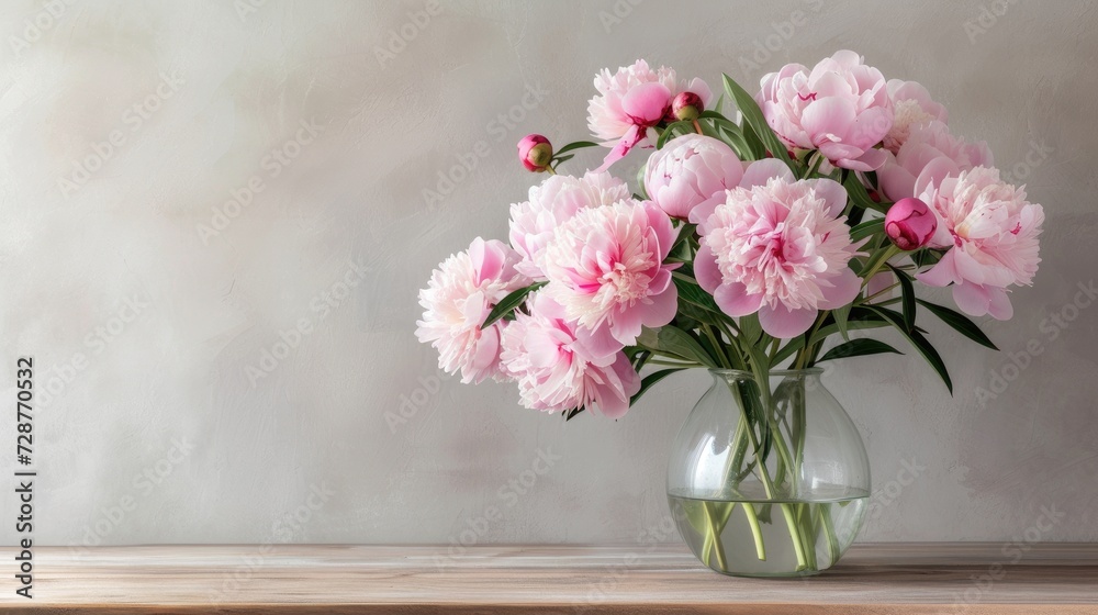 exquisite floral image with a lovely bouquet of pink peonies in a glass vase, offering a floral composition with copy space. exquisite floral image with a lovely bouquet of pink peonies in a glass vase, offering a floral composition with copy space.