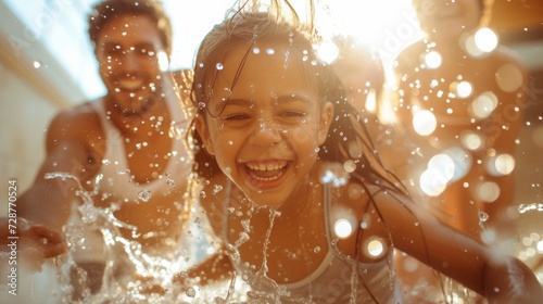 Family members having a water fight during spring cleaning, splashes of joy e...