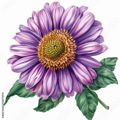 Artistic sticker design featuring a detailed, vibrant purple aster with a complex petal structure and green foliage on a solid white background photo