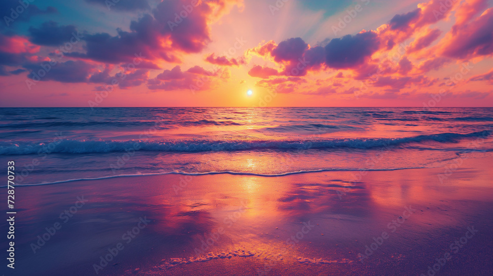 Spectral Radiance: The Sunset Embraces the Horizon in a Vivid Display, Casting a Spectrum of Hues Across the Sky and Reflecting on the Gentle Surf of the Beach