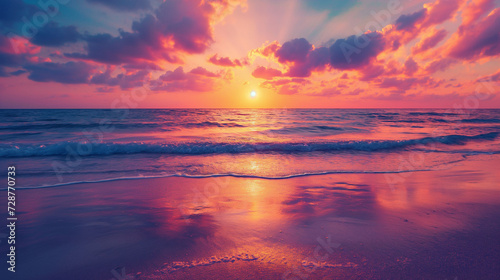 Spectral Radiance: The Sunset Embraces the Horizon in a Vivid Display, Casting a Spectrum of Hues Across the Sky and Reflecting on the Gentle Surf of the Beach