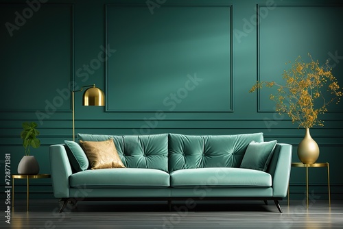 stylist and royal Empty living room with green sofa on empty dark blue wall background