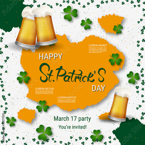 St.Patrick's Day vector illustration. Orange-white background with colorful clover leaves and design elements