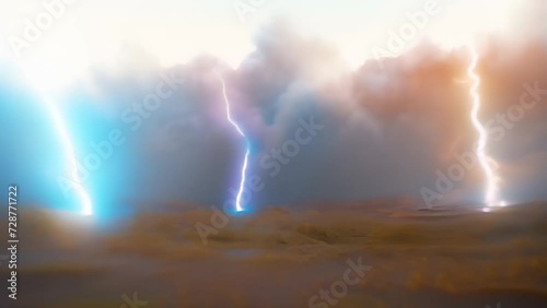 Bright, powerful lightning strikes the ground in an open field under dark clouds photo