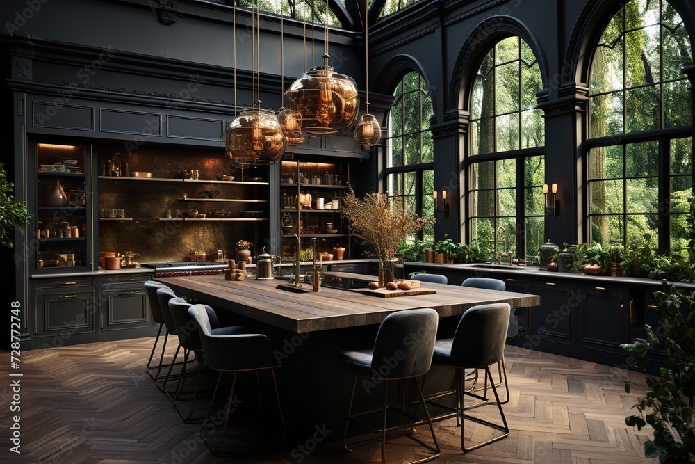 stylist and royal Dark interior with open kitchen, space for text, photographic