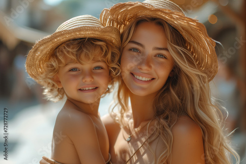 Mother and son in straw hats smiling