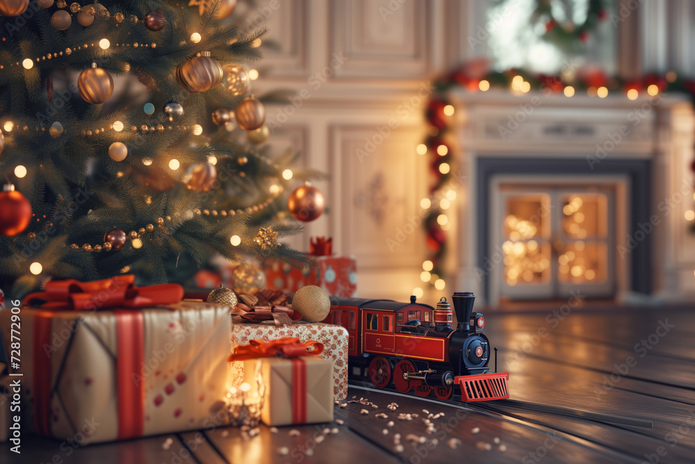 Toy train under Christmas tree
