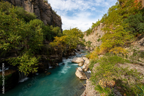 Transparent waters of Kopru River  K  pr    ay  ancient Eurymedon  with its emerald green colour in Koprulu Canyon  K  pr  l   Kanyon  National Park  Antalya  Turkey. It s a rafting paradise