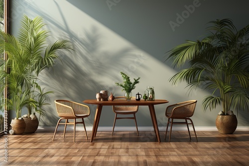 stylist and royal Dining room wall mock up with Areca palm  rattan dining set  wooden table on wooden floor