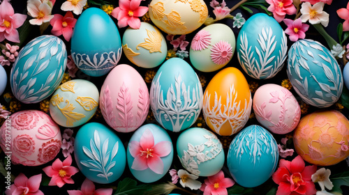  A bright stack of colorful eggs stacked one on top of the other. Creates a colorful image illustrating the Easter tradition and the variety of decorated eggs