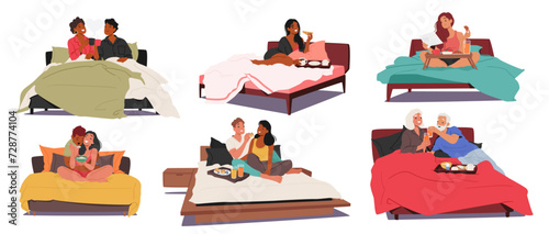 Vector Set of Indulgent Morning Moments. Couples Savoring Breakfast In Bed, Sharing Laughter, Whispers, And Warmth