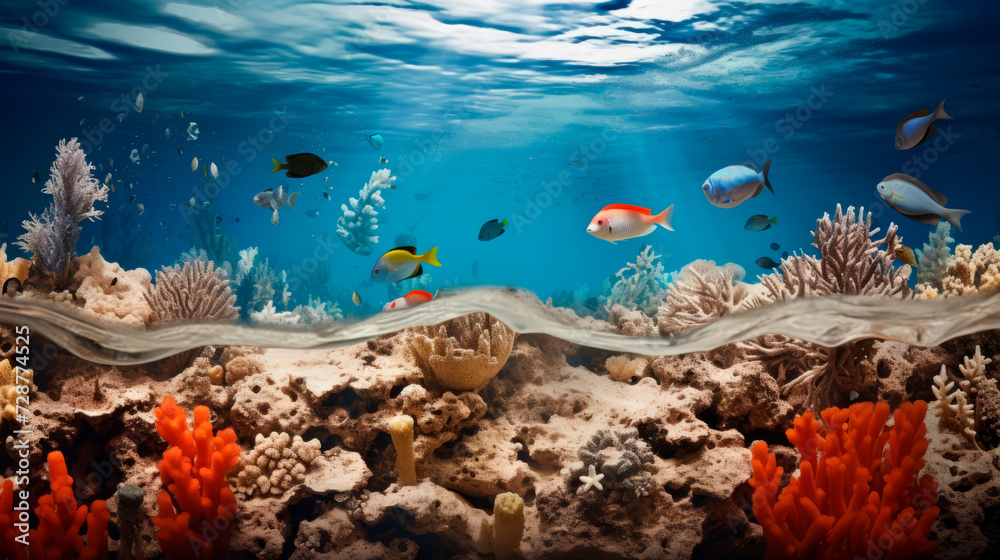 Fototapeta premium A vibrant underwater scene full of colorful corals and a variety of fish swimming among them. Represents life underwater with its richness of colors and variety