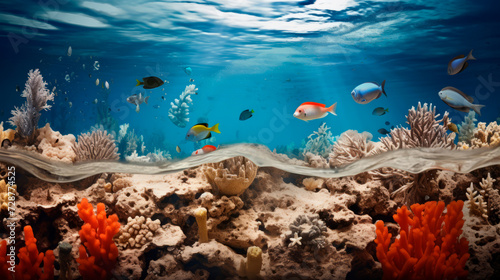  A vibrant underwater scene full of colorful corals and a variety of fish swimming among them. Represents life underwater with its richness of colors and variety