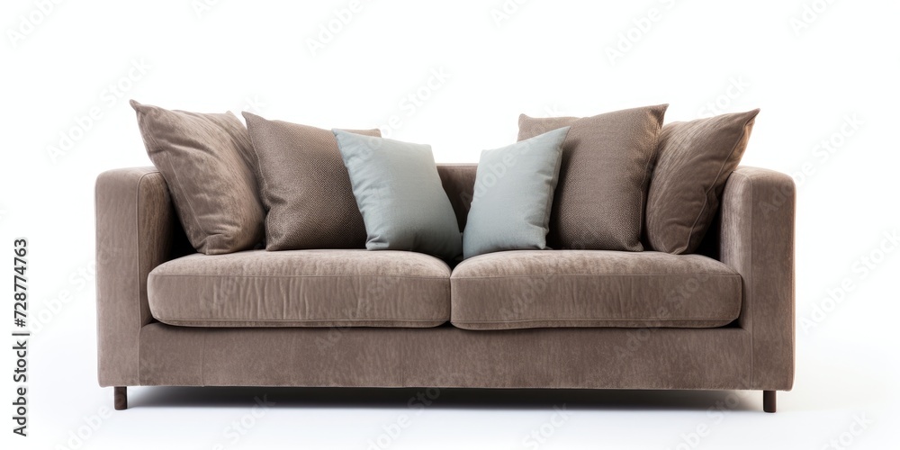 Naklejka premium Contemporary 2-seater gray sofa with pillow, isolated on white background.