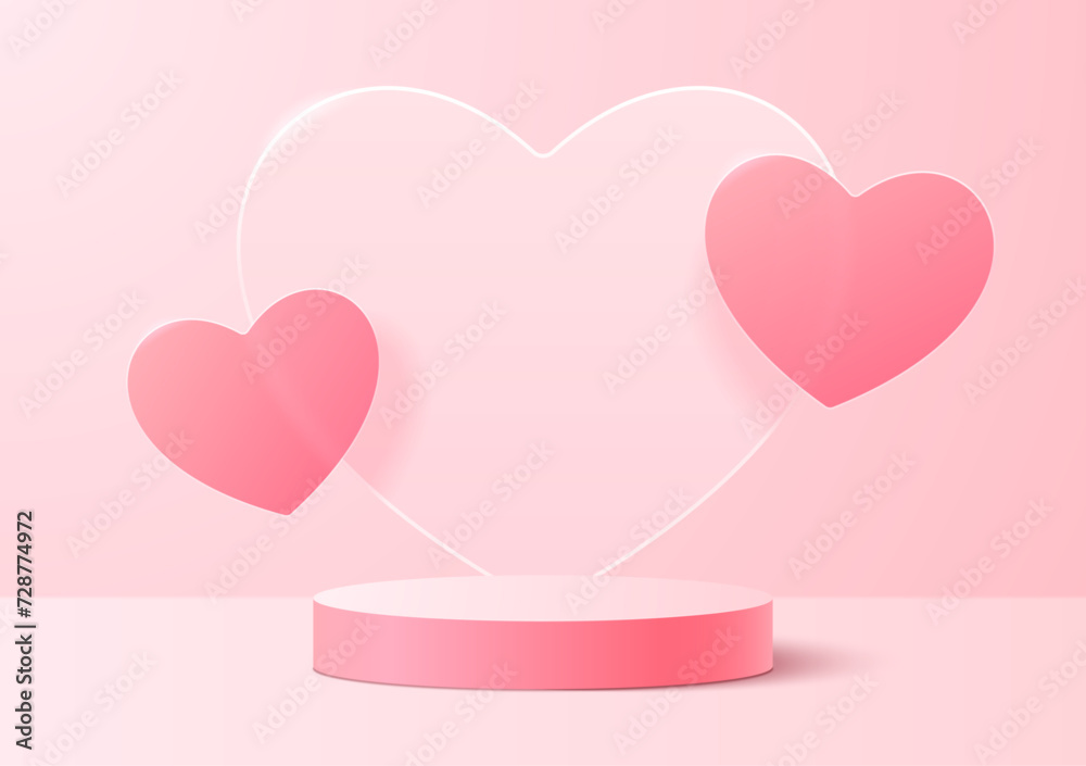 A round podium on a soft pink background with translucent hearts.