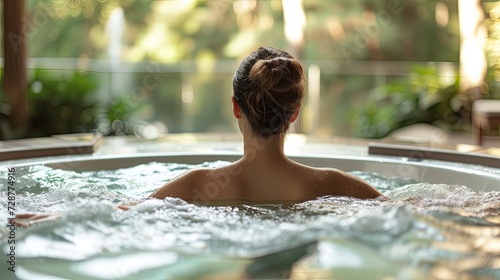 inviting image of a beautiful spa-salon with a back view of a young woman enjoying the jacuzzi.