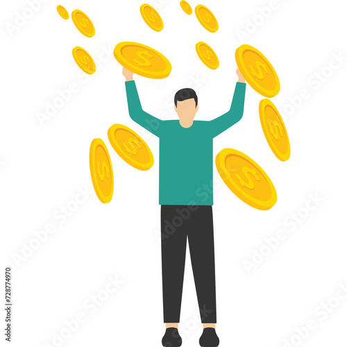 Successful businessmen achieve financial freedom, income or salary increase or career opportunity, a happy millionaire with lots of money and wealth, happy businessman jumping high with money rain.